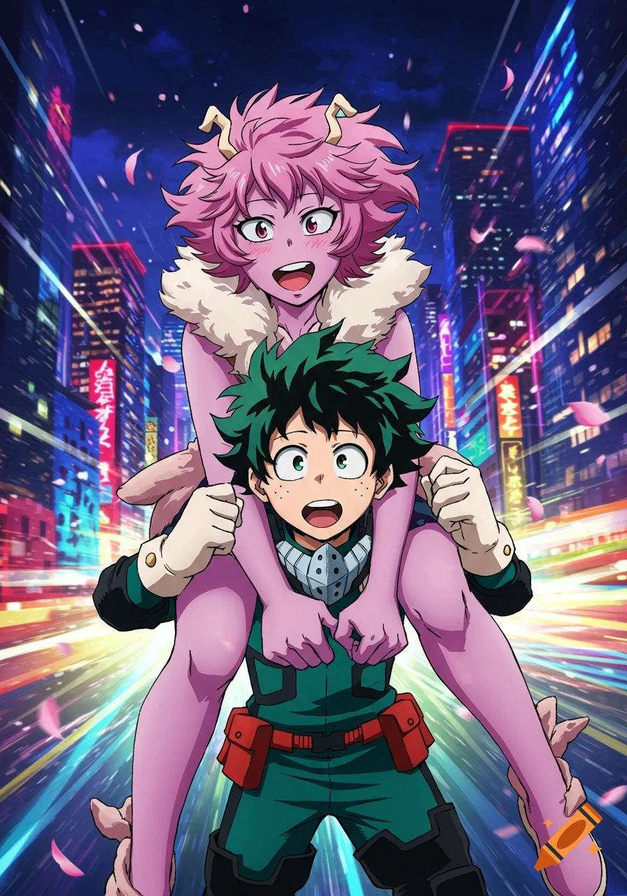 Mina Ashido riding on Izuku Midoriya's shoulders in a vibrant city at night, anime style.