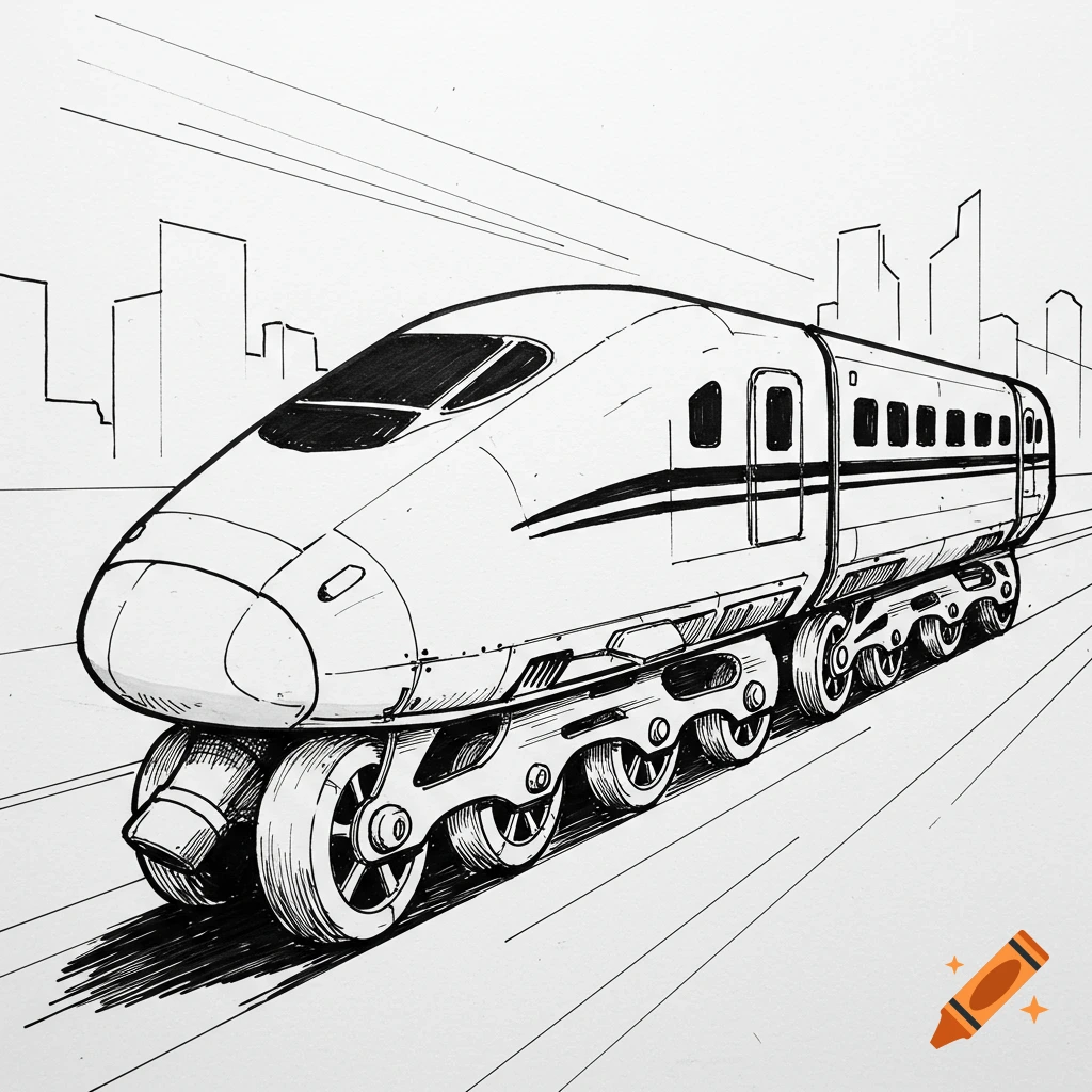 Black and white line art drawing of a futuristic bullet train with roller skate-like wheels, speeding past a city skyline.
