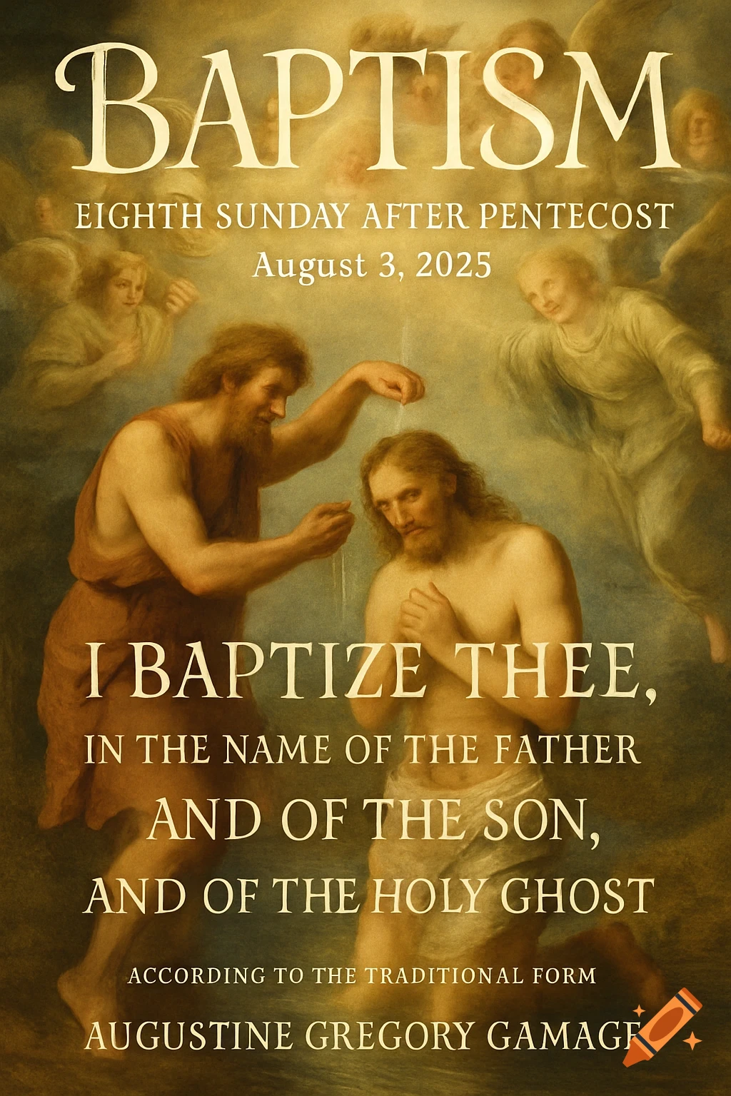 A classical painting showing John the Baptist baptizing Jesus, with angels above. Text overlays announce "Baptism" and a religious quote.