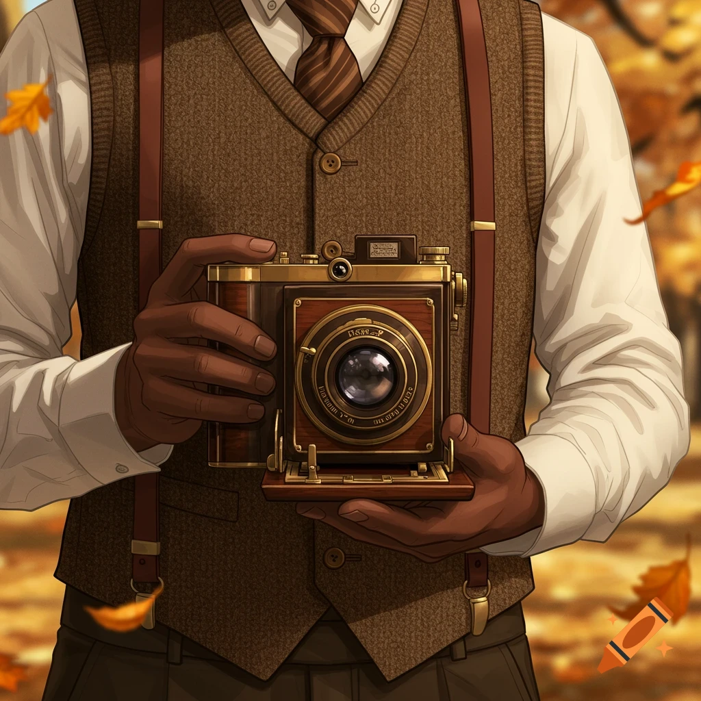 A person in a brown vest holds an old-style wooden and brass camera with a lens. Autumn leaves are falling in the background.