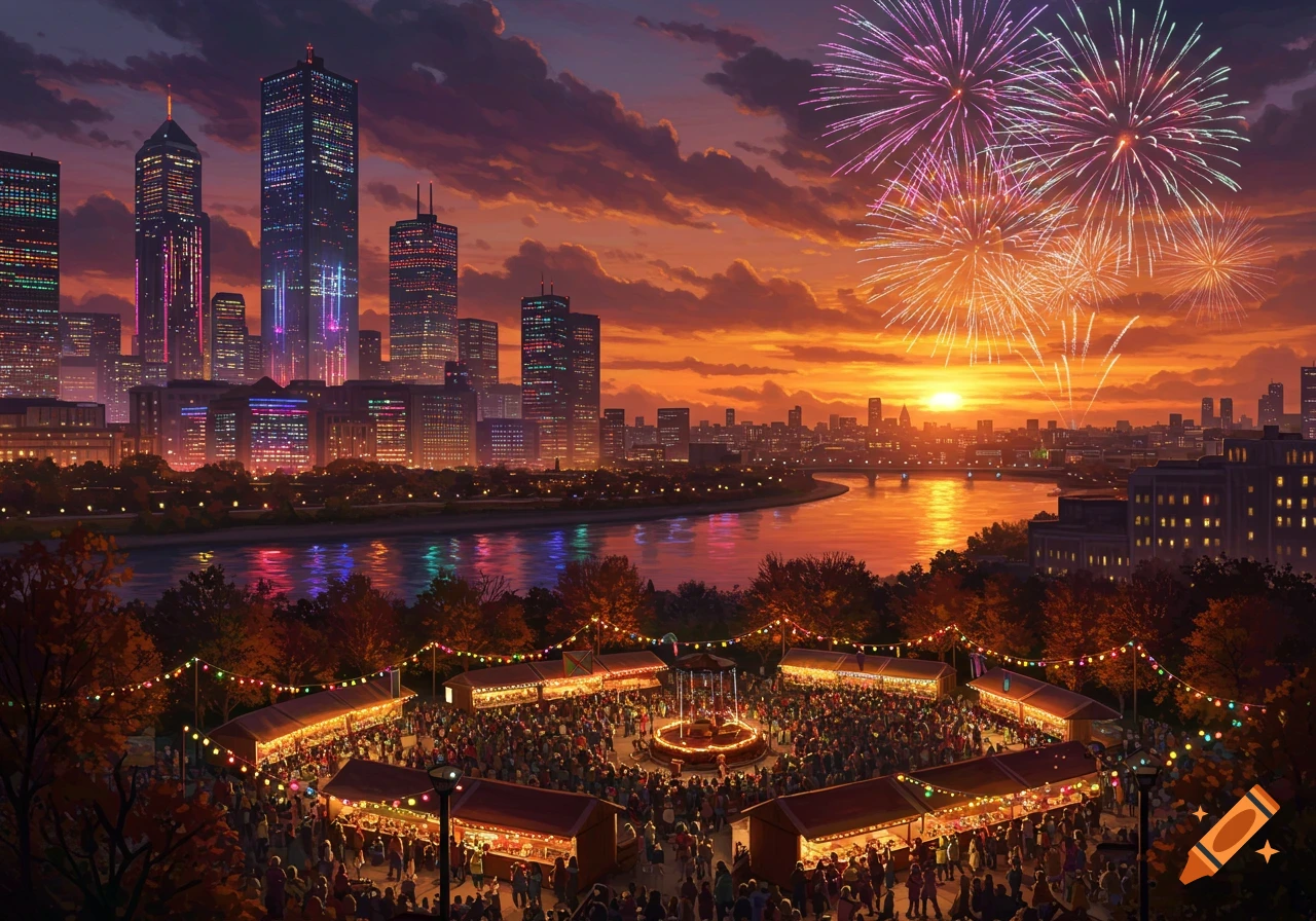 A vibrant cityscape at sunset with fireworks over a river, a bustling street festival with many people and tents along the bank.