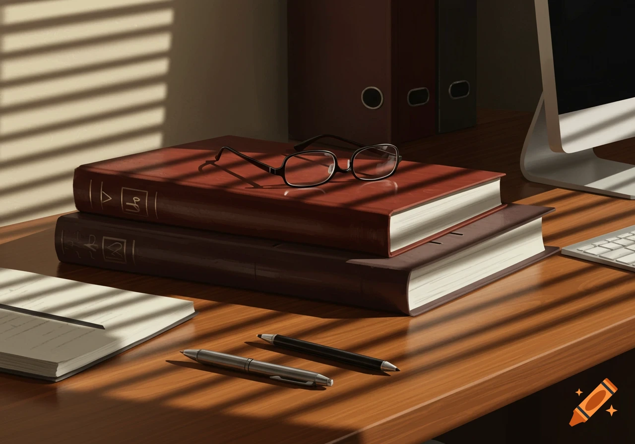 A desk with two stacked books, a pair of glasses, two pens, a computer monitor, and shadows from venetian blinds.