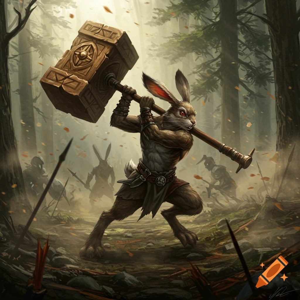 A muscular rabbit warrior wielding a large wooden hammer, standing in a misty forest battlefield with other rabbit-like enemies in the background, digital art.