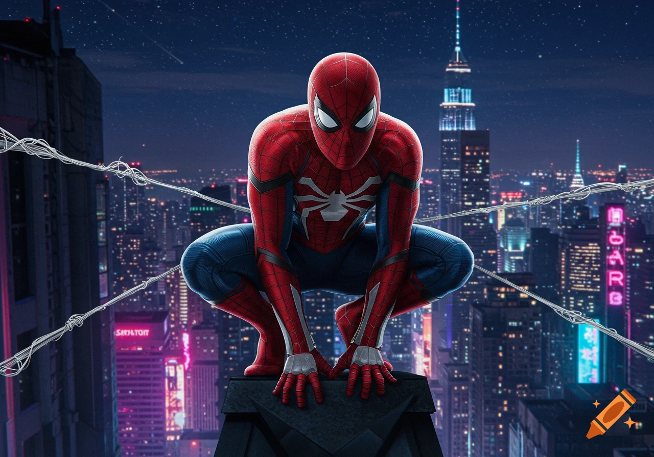 Spider-Man crouches on a skyscraper rooftop at night, overlooking a sprawling city lit by neon signs, in a photorealistic style.