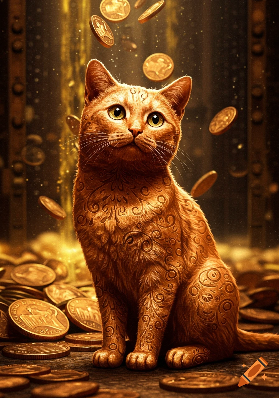 A majestic gold-colored cat with swirling patterns on its fur sits amidst a bounty of shimmering gold coins, with more coins falling around it.