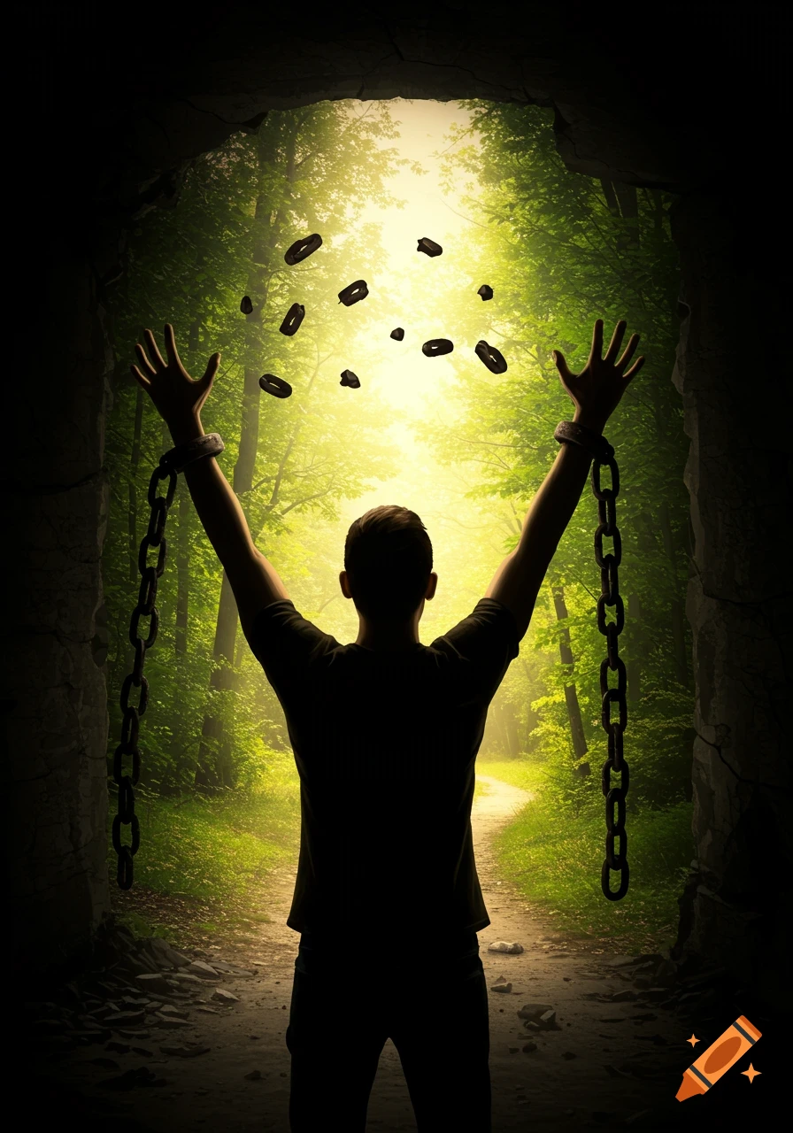Silhouette of a person breaking free from chains, emerging from a dark cave into a bright, sunlit forest path.