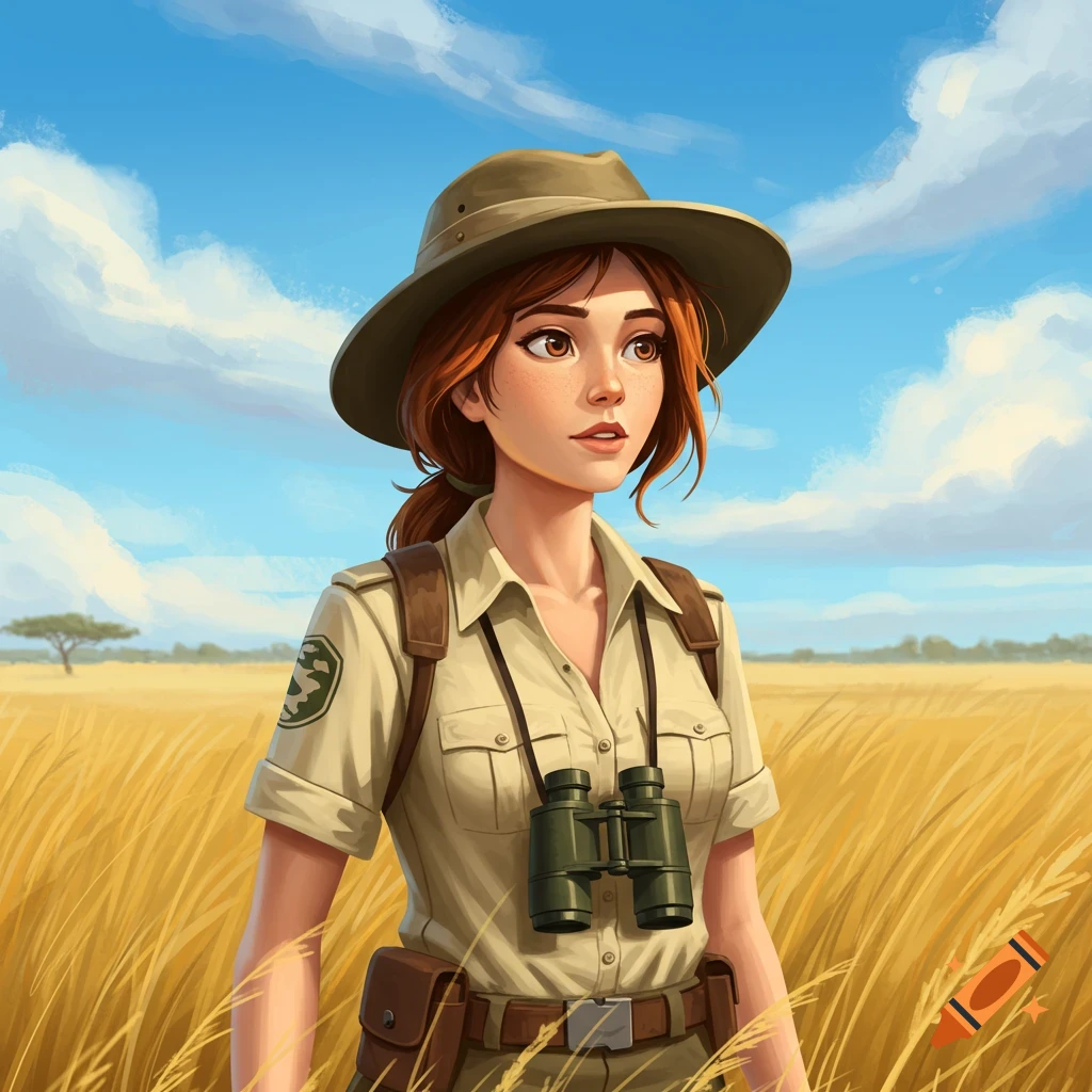 An illustrated woman in a safari hat and outfit with binoculars stands in a sunny, golden grassy field under a blue sky.