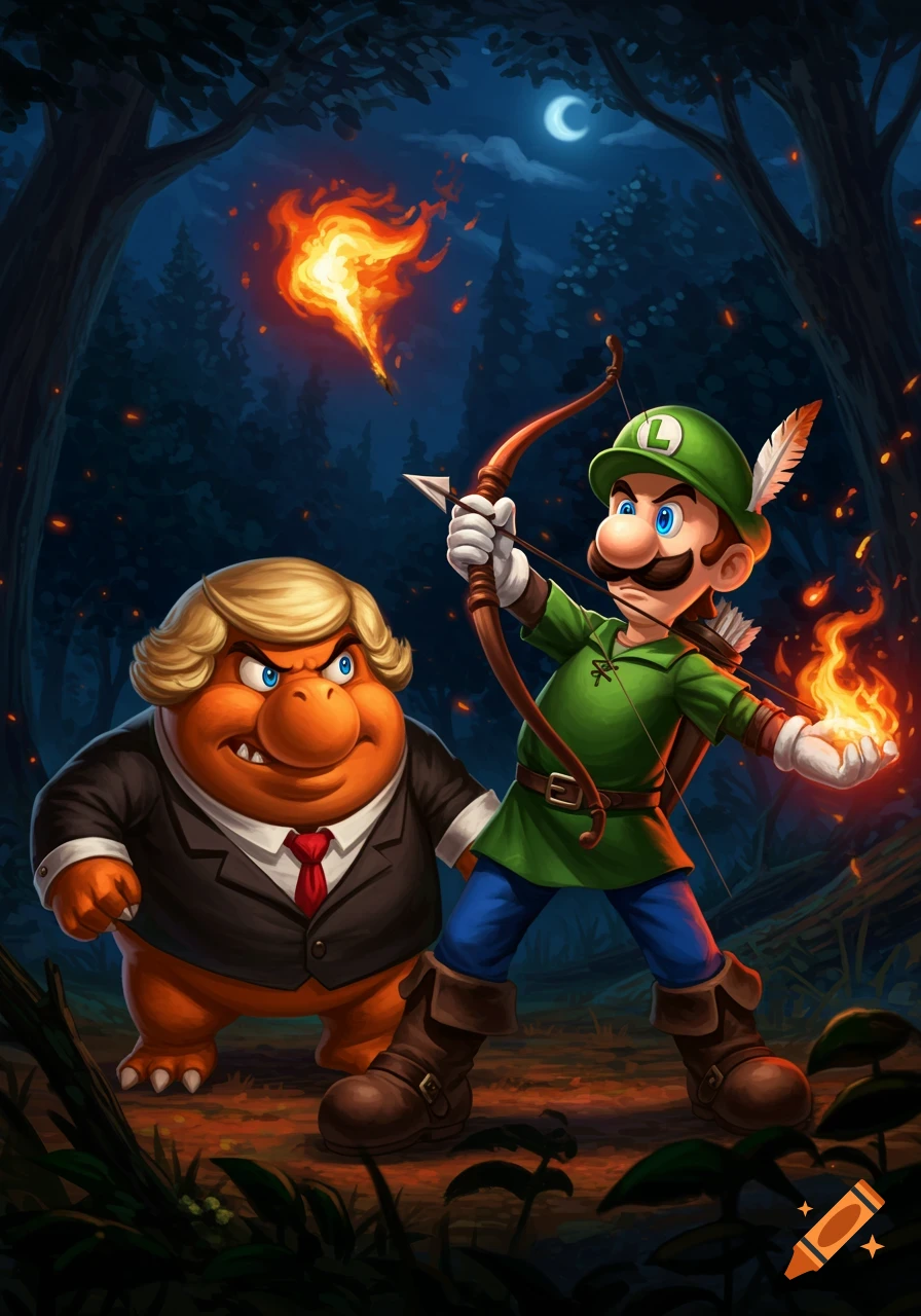 Luigi dressed as Robin Hood aims a flaming arrow at an angry orange monster with a blonde wig and suit in a dark forest at night.
