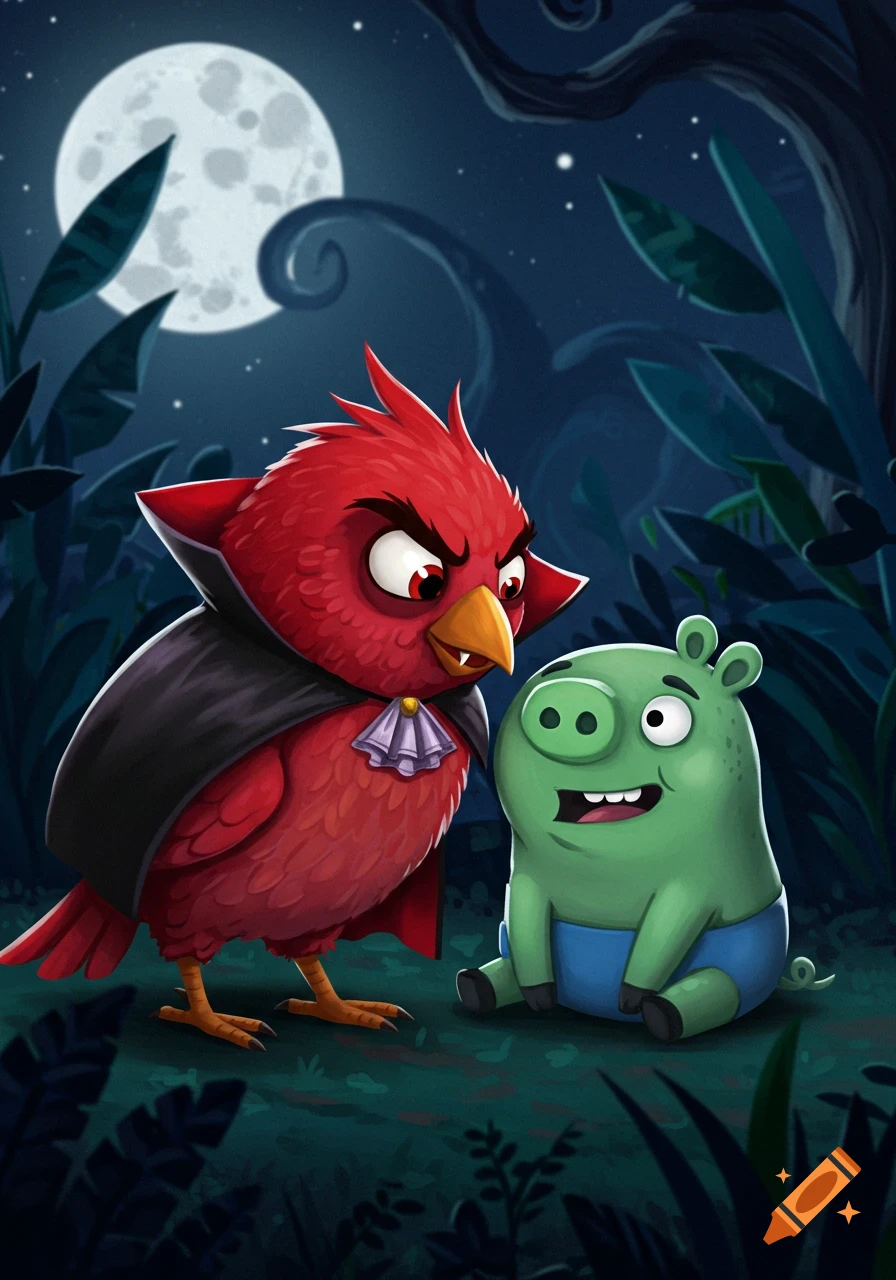 Red Angry Bird dressed as a vampire pretends to bite a green pig in a moonlit forest. Cartoon style.