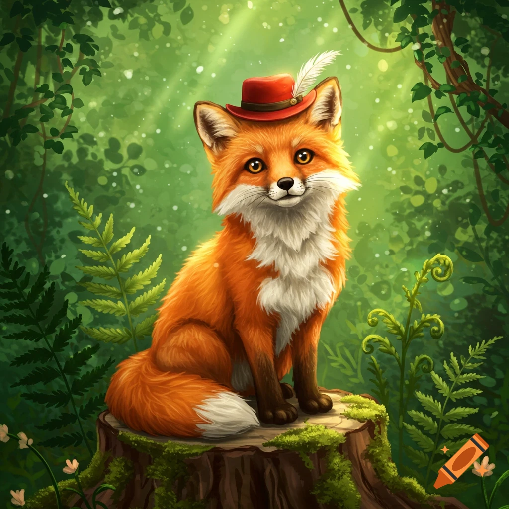 A cute orange fox wearing a red hat with a feather sits on a mossy tree stump in a lush green forest, sun rays filtering through.