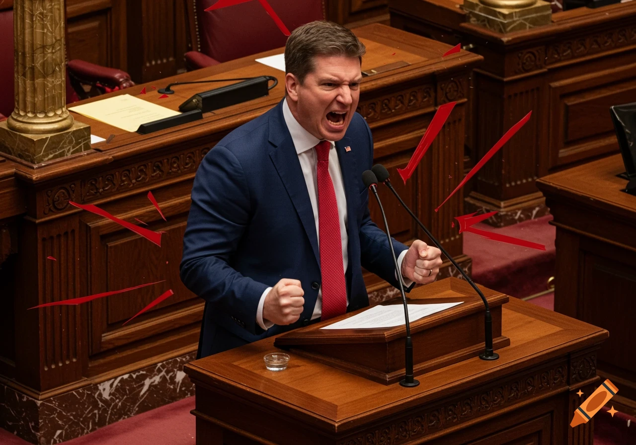 An angry politician in a dark suit and red tie shouts at a podium in a legislative chamber, with red streaks indicating intensity.
