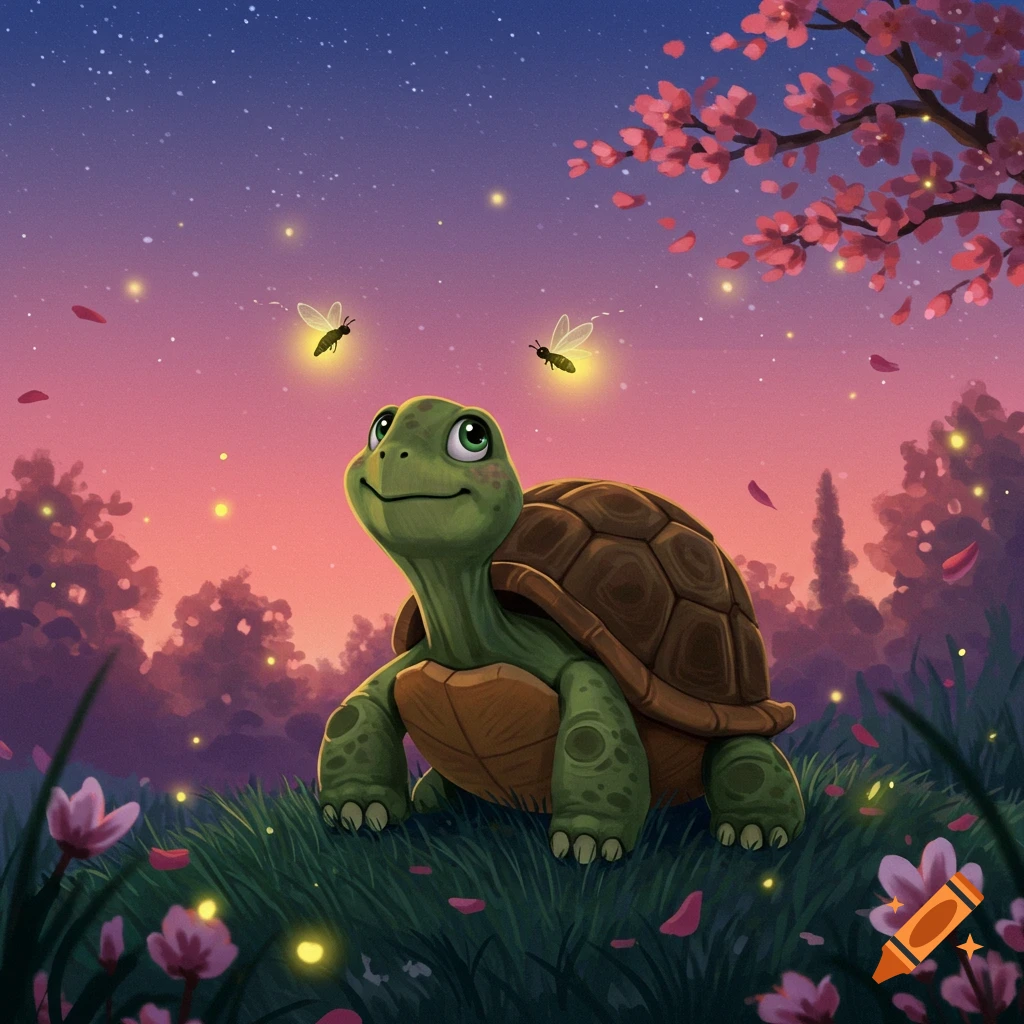A cute green cartoon turtle looks up at two glowing fireflies in a grassy field with pink cherry blossoms under a twilight sky.