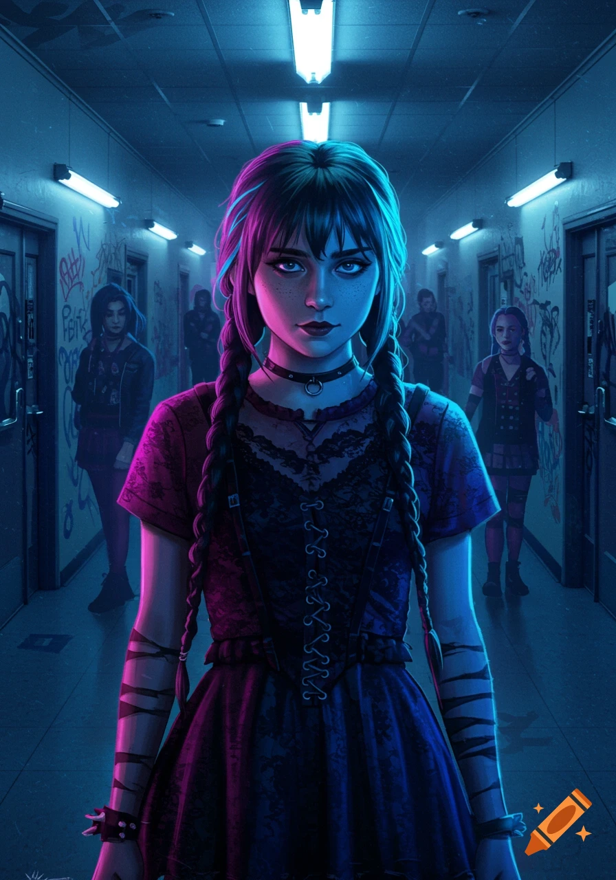 A stylized digital art portrait of a young woman with braided hair and dark clothing in a neon-lit, graffiti-covered hallway.