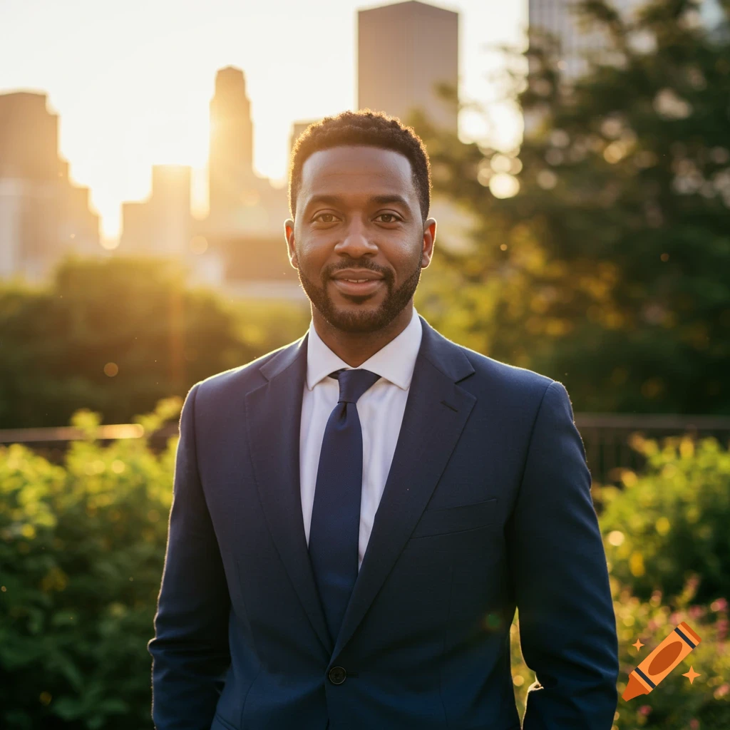 A professional Black man in a dark blue suit smiles while standing outdoors at sunset with a city skyline in the background.