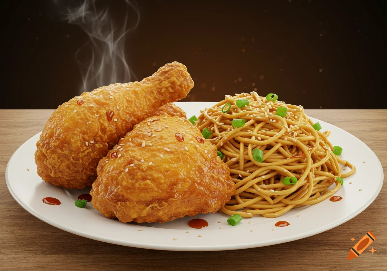 Photorealistic image of two pieces of golden fried chicken with a side of egg noodles topped with green onions and sesame seeds, on a white plate.