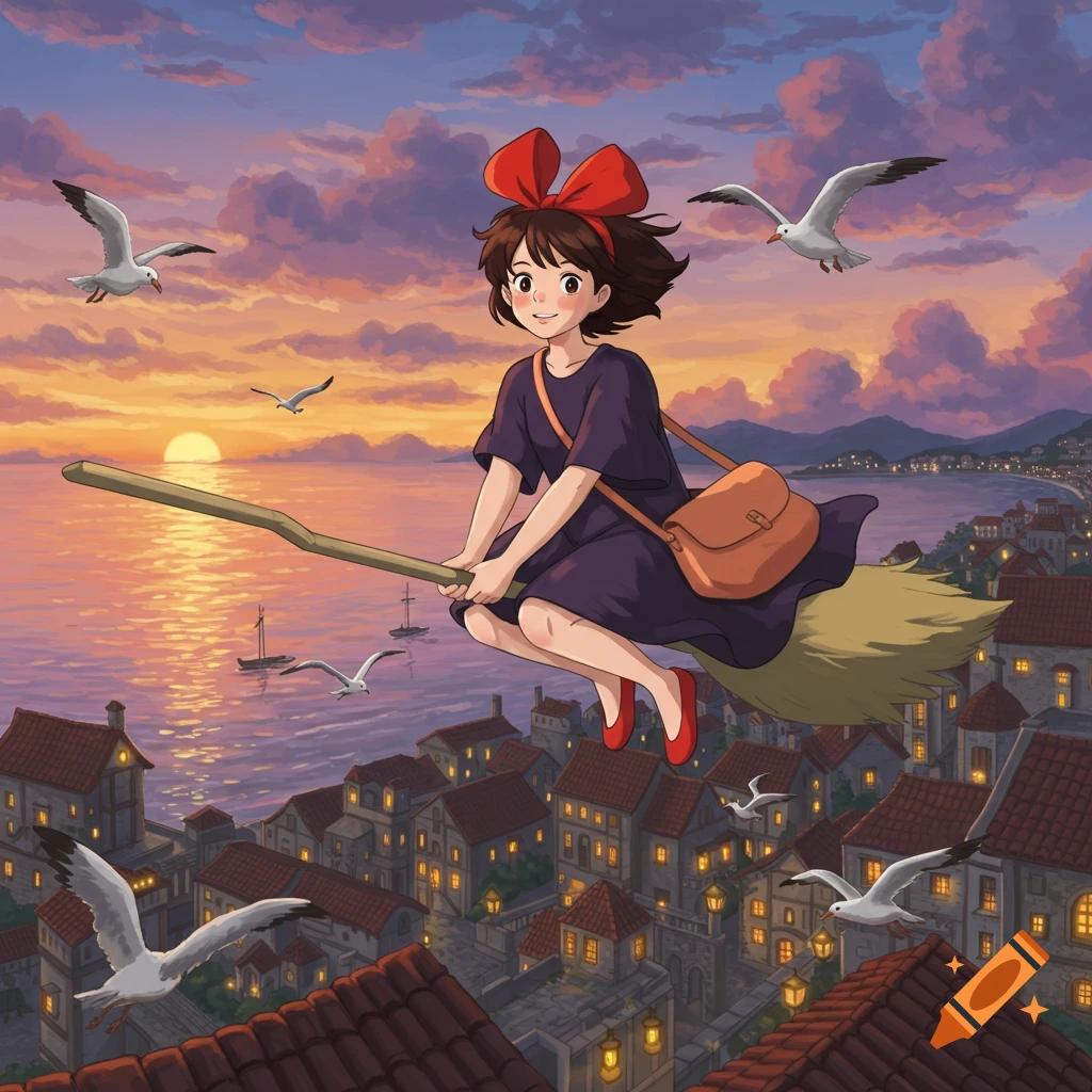 A young witch with a red bow and purple dress flies on a broomstick over a coastal town at sunset, with seagulls flying around.