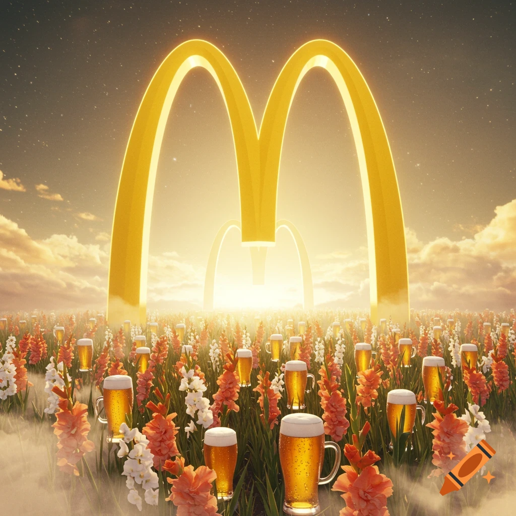 A surreal, dreamlike image of glowing golden McDonald's arches over a field of beer mugs and red and white gladiolas under a cloudy, starry sky.