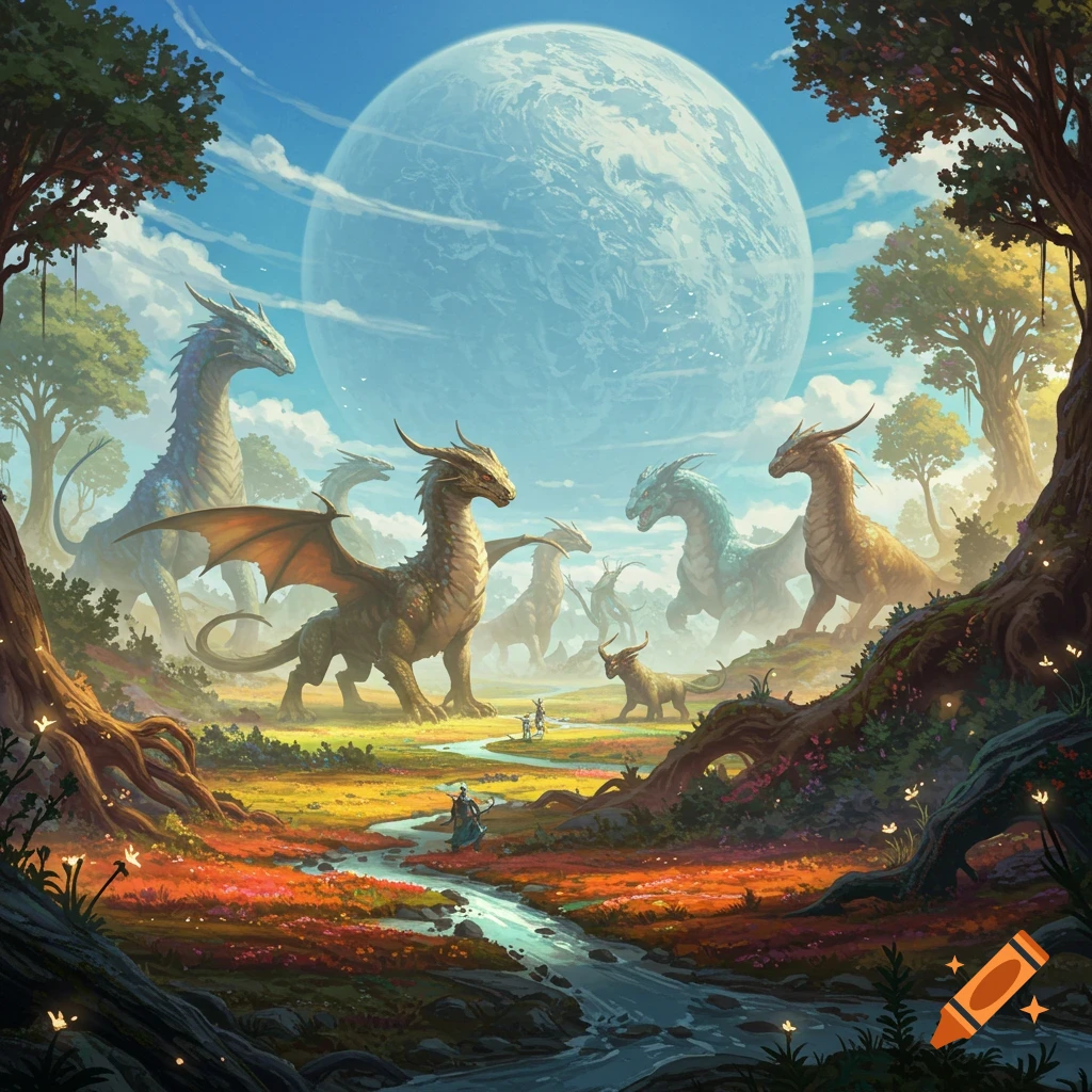 A vibrant fantasy landscape with a large group of dragons, small figures, a river, colorful flowers, and a huge moon in the sky.