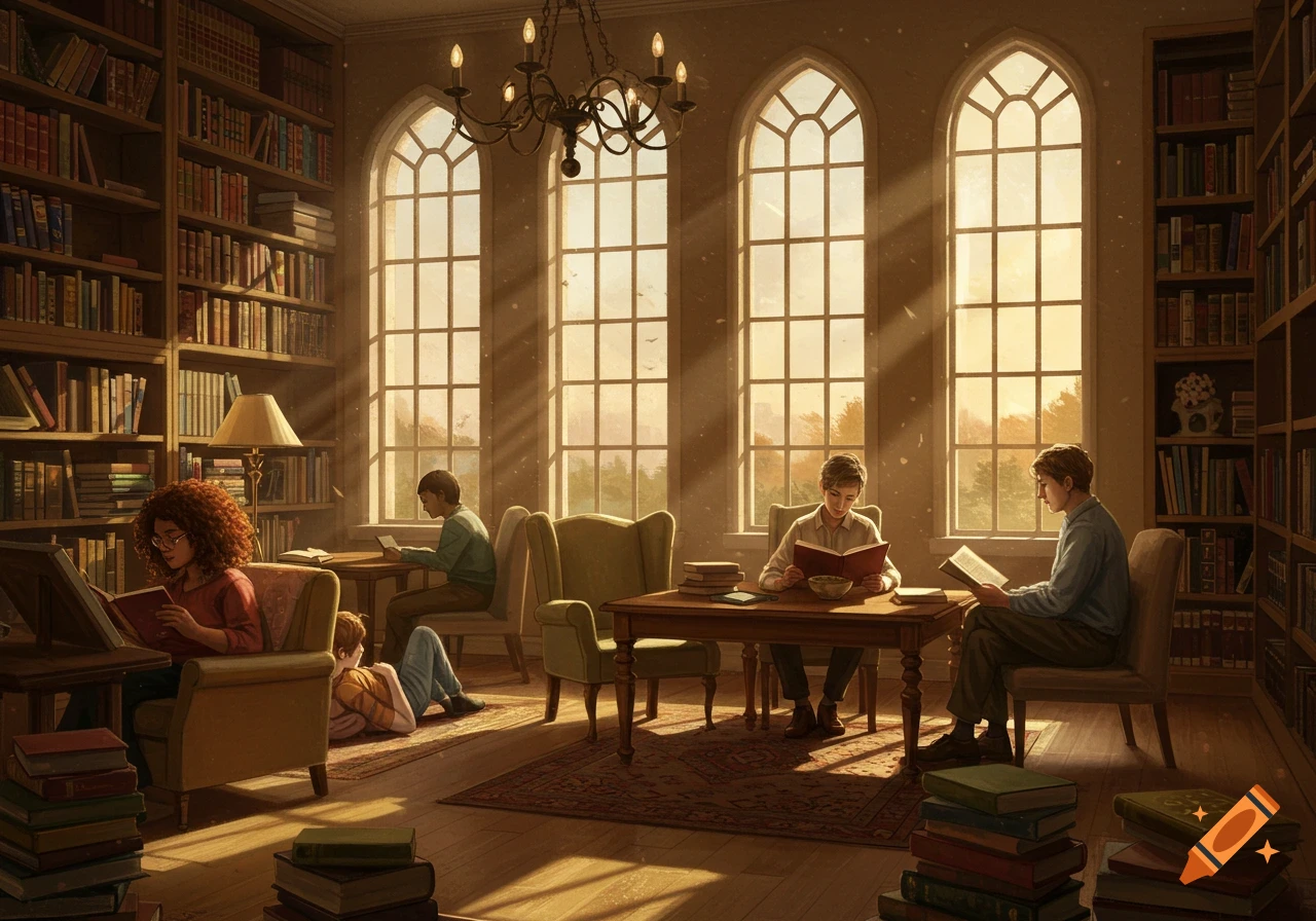 People reading books in a sunlit library with tall arched windows and bookshelves.
