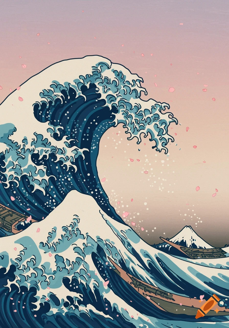 A stylized Japanese woodblock print of a massive, cresting blue wave with boats, against a pale pink sky and Mount Fuji.