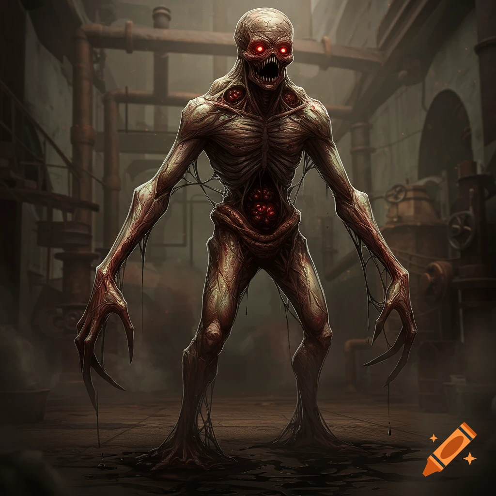 A grotesque, emaciated monster with exposed ribs, glowing red eyes, sharp teeth, and long clawed hands stands in a dark, industrial setting.