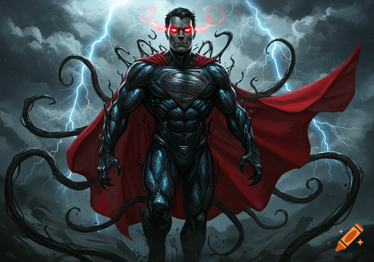 A dark, muscular Superman in a black symbiote suit with a red cape and glowing red eyes stands menacingly amidst lightning in a stormy sky.