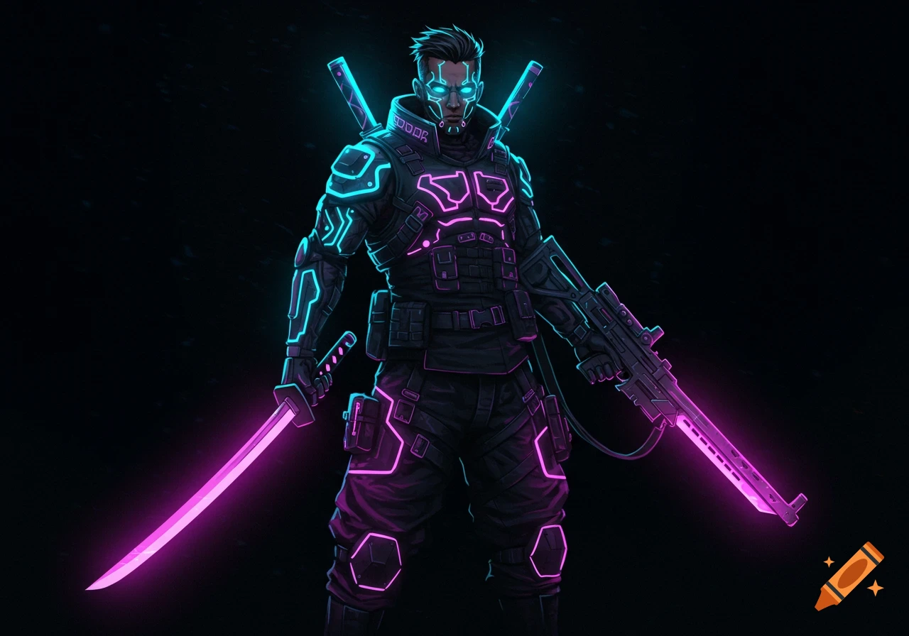 A cyberpunk warrior in glowing neon armor holds a futuristic katana and rifle against a dark background.