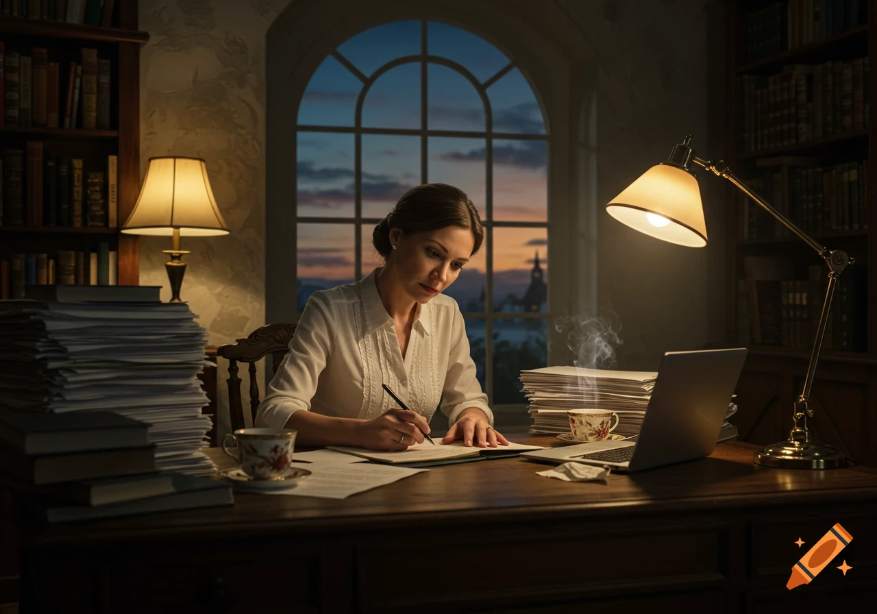 A woman writes at a desk in a dimly lit study with bookshelves and a window showing twilight. She is surrounded by papers, books, and lamps, in a photorealistic style.