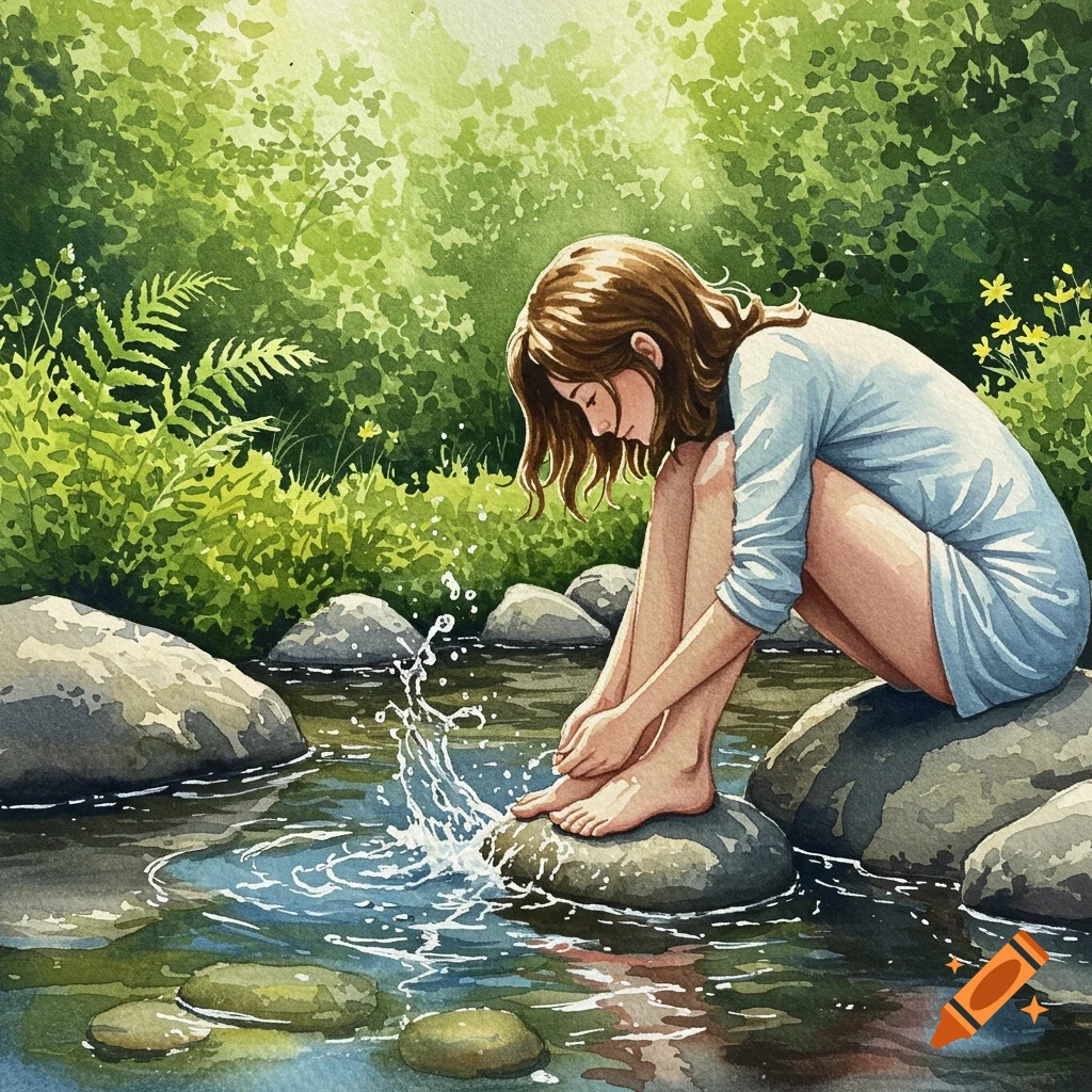 A watercolor painting of a woman sitting on a rock in a stream, splashing water with her feet amidst lush green foliage.