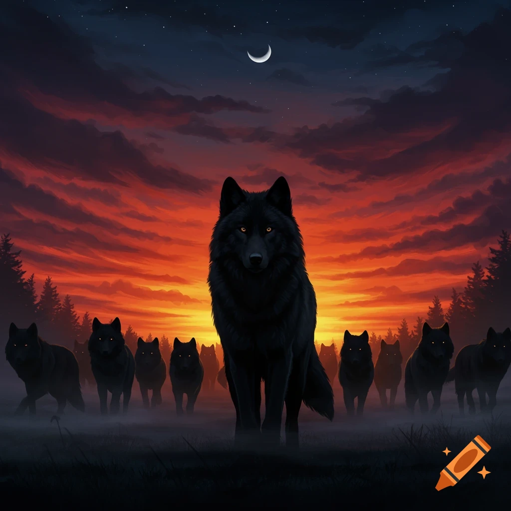A pack of black wolves with glowing eyes stands in a misty field at sunset, with a large alpha wolf in the foreground.
