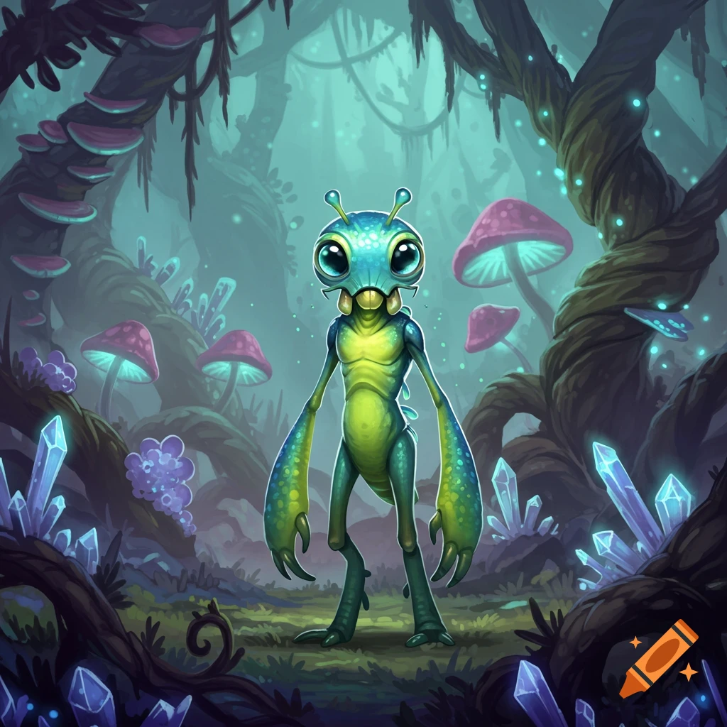 A cartoonish blue and green alien creature with large eyes stands in a vibrant fantasy forest with glowing crystals and mushrooms.