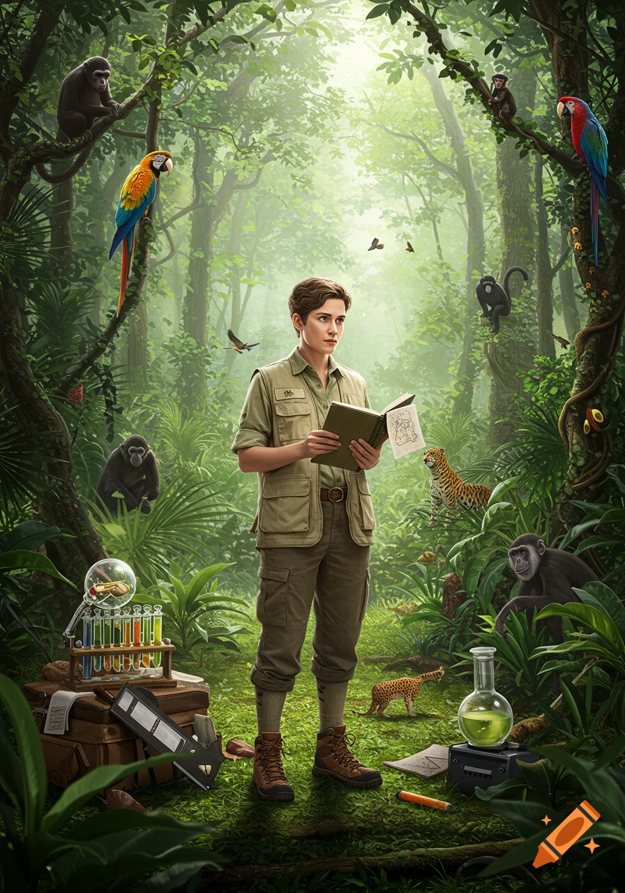 A scientist in safari attire reads a book amidst a lush jungle with monkeys, parrots, a leopard, and scientific gear.