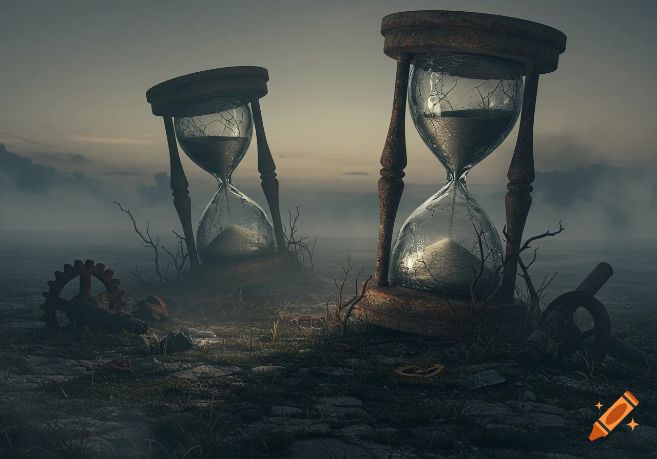 Two rusty, broken hourglasses stand in a desolate, foggy landscape with sparse grass and gears, evoking decay and forgotten time.