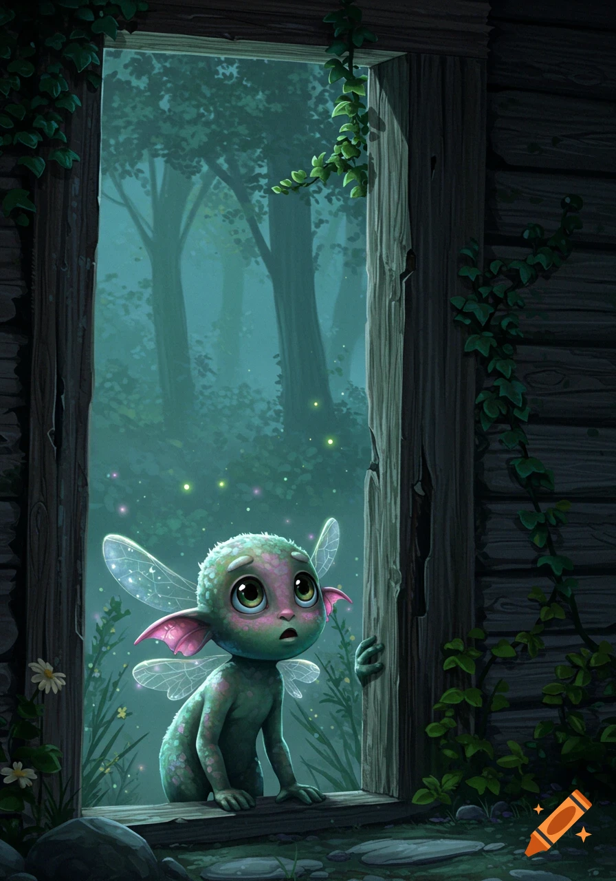 A cute green creature with large eyes and translucent wings peers from a wooden doorway into a misty, glowing forest.