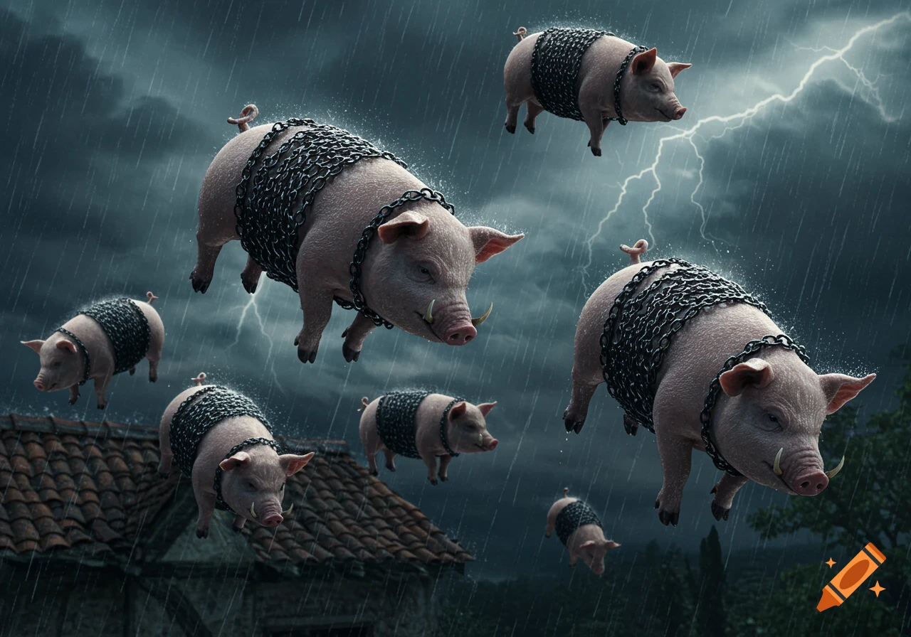Pigs wearing black chain armor fall from a dark, stormy sky with lightning over a house.