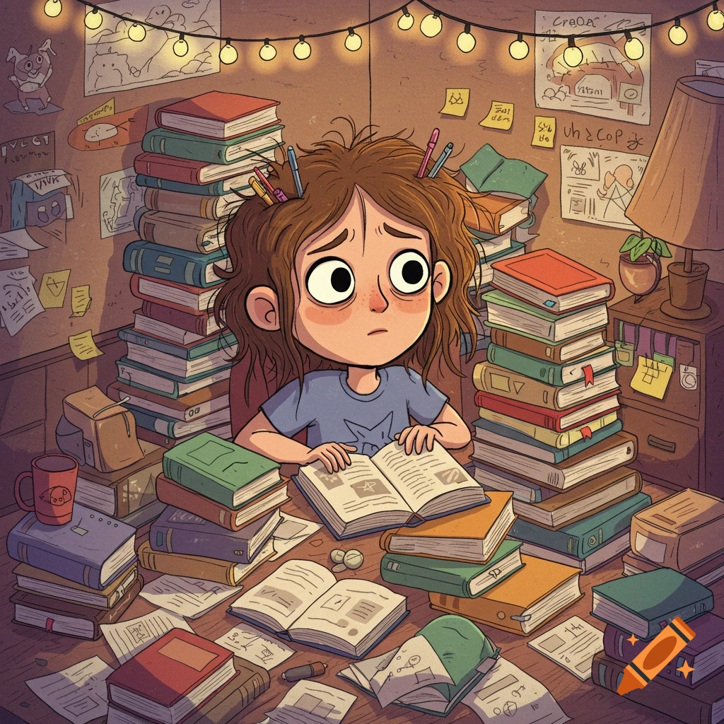 A cartoon girl with messy hair sits at a desk buried under piles of books and papers, looking stressed.