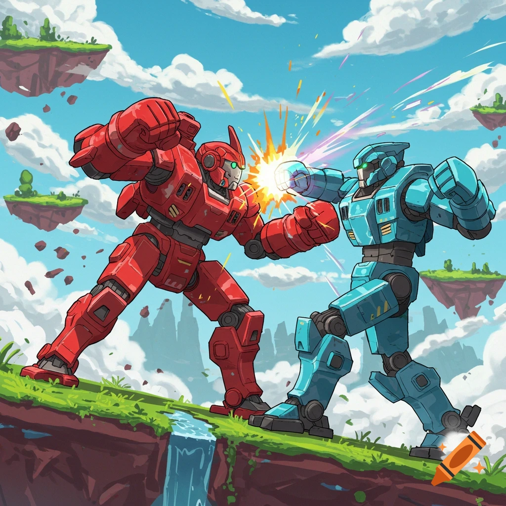 Red and blue cartoon mechs fight on a grassy floating island, red lands a punch, blue throws an uppercut.