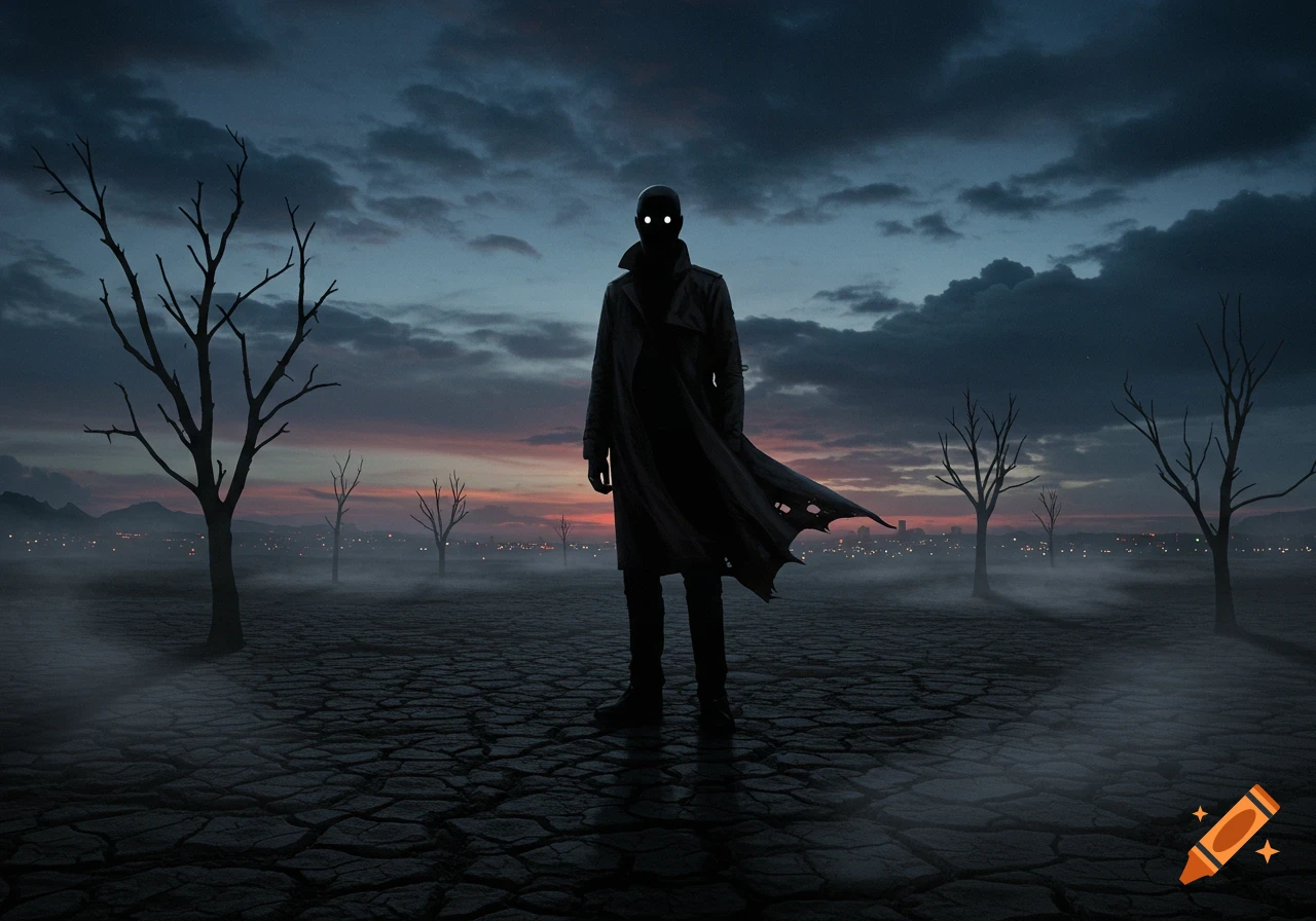 A silhouetted figure with glowing white eyes stands on cracked earth among bare trees at dusk, with a city skyline in the misty background.