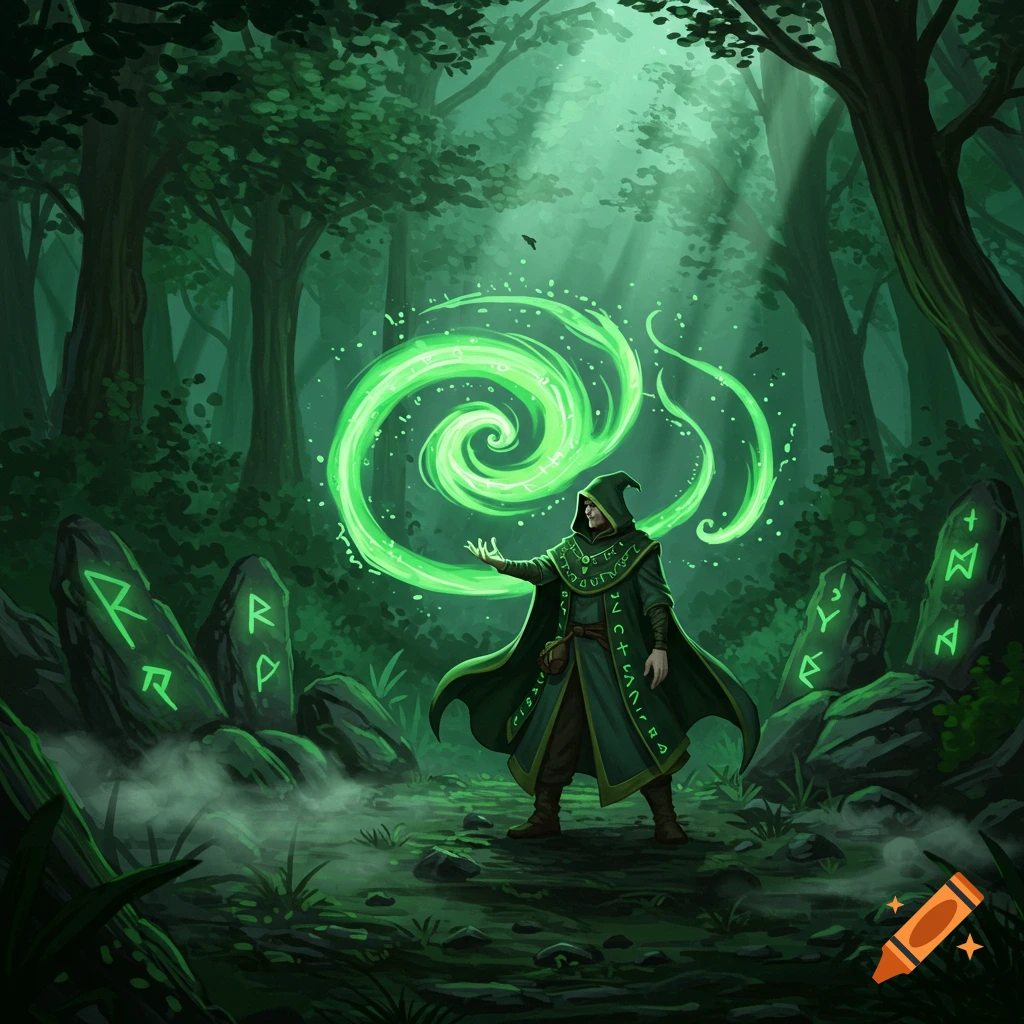 A wizard in a green hooded robe casts a bright green swirling spell in a dark, misty forest with glowing runestones.
