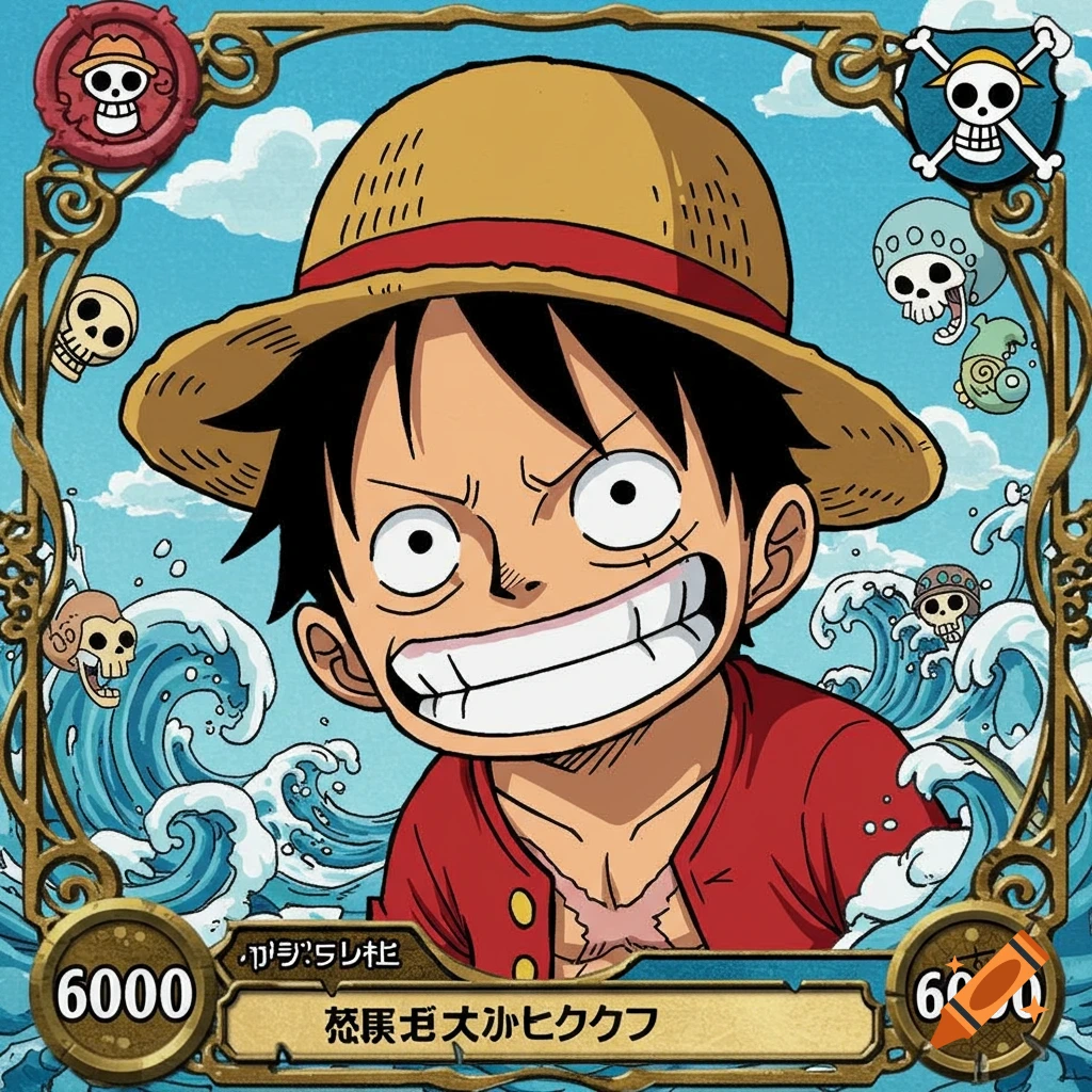 A stylized One Piece trading card featuring a smiling Luffy with a straw hat, surrounded by ocean waves and skulls, with "6000" text.