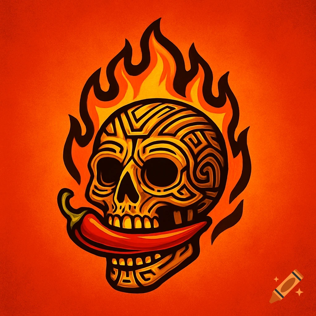 A stylized flaming Mayan skull with a red chili pepper in its mouth, set against an orange background.