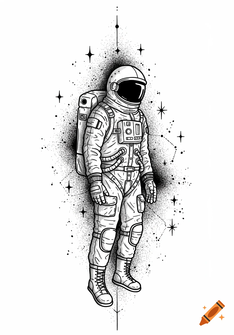 Black and white illustration of an astronaut floating amidst stars, in a tattoo stencil style.