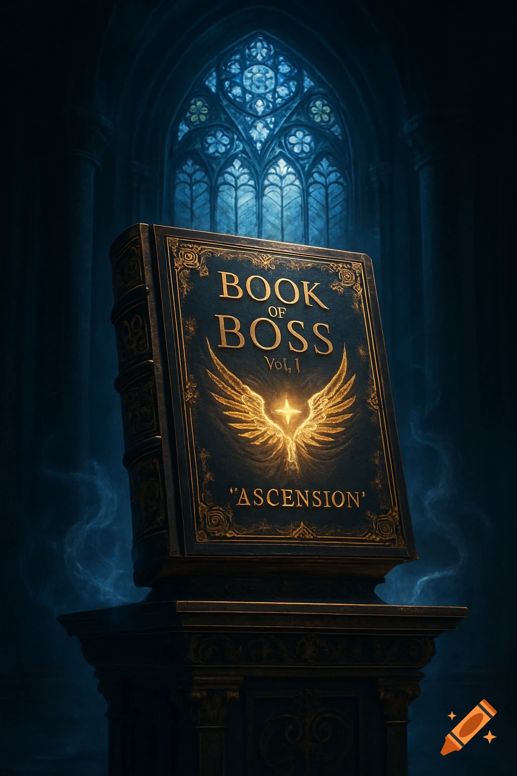 A dark, ornate book titled "BOOK OF BOSS Vol.1 "ASCENSION"" with glowing golden wings sits on a pedestal in a gothic chamber with a stained glass window.