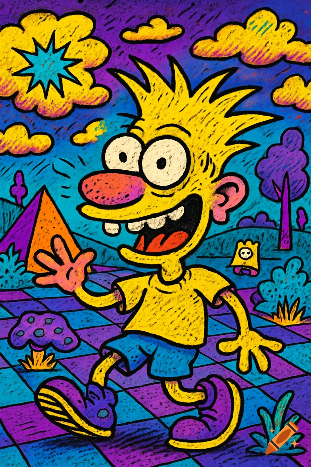 A vibrant, crayon-style cartoon character with spiky yellow hair and a big smile walks on a checkered path under a colorful sky.