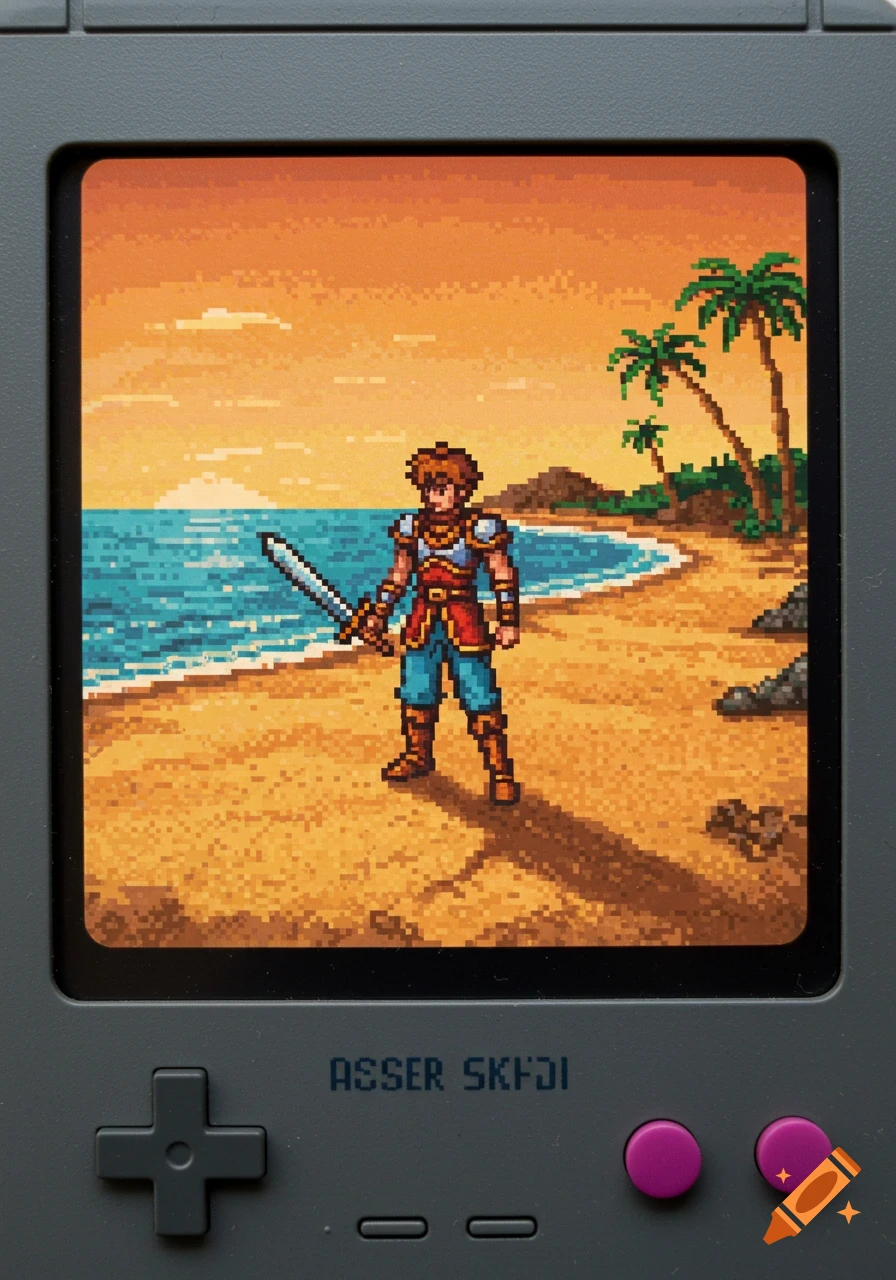 A close-up of a Game Boy displaying a pixel art RPG scene of a character with a sword on a beach at sunset.