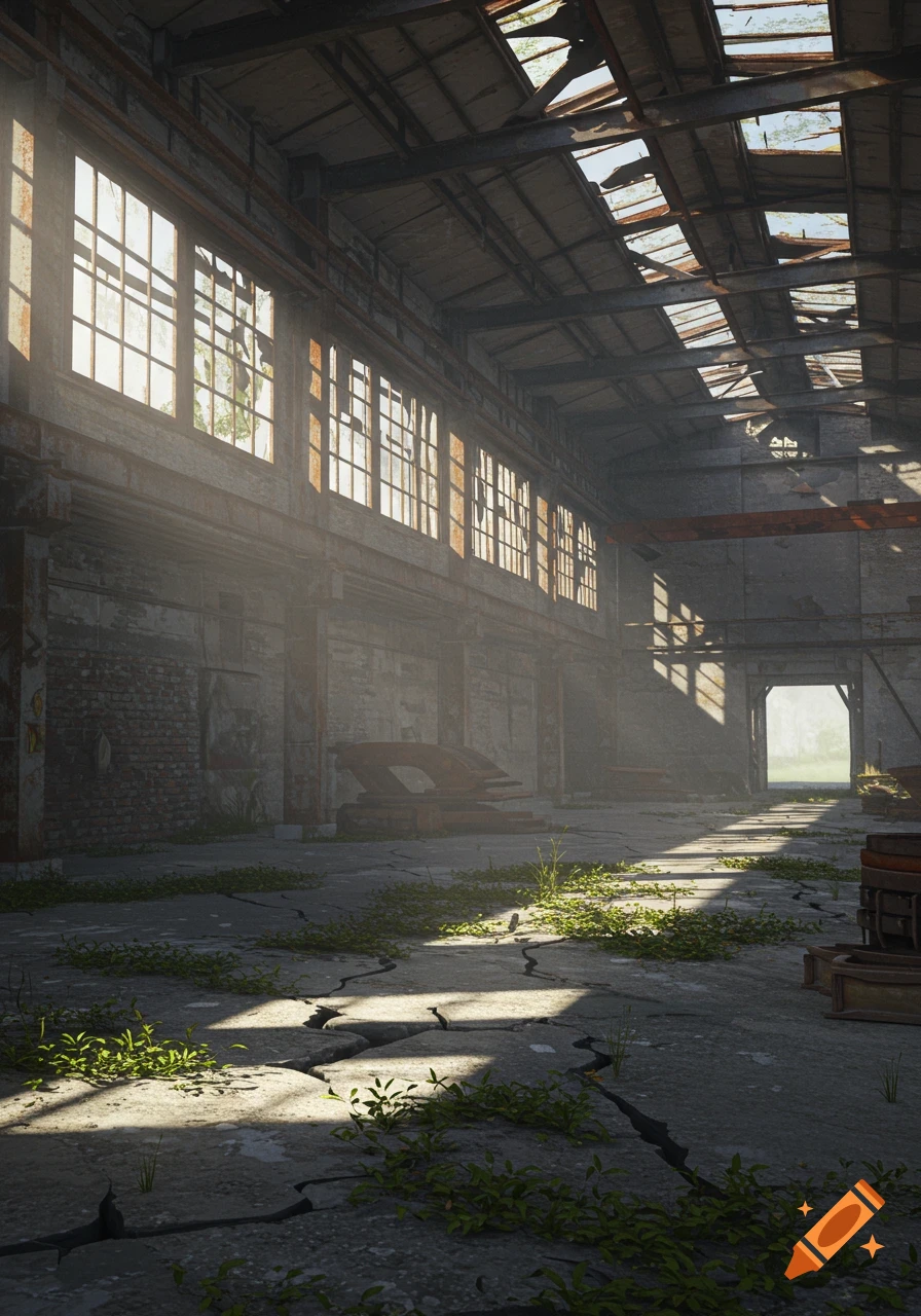 Photorealistic interior view of an abandoned industrial factory with broken windows, sunlight streaming through, and plants growing on the cracked concrete floor.