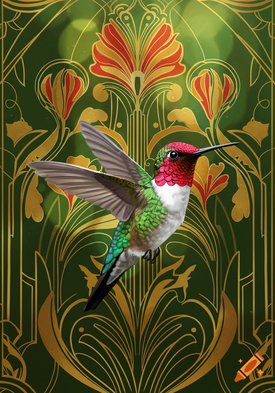A colorful hummingbird with a red head and green body flies against a green background with gold and red art deco patterns.