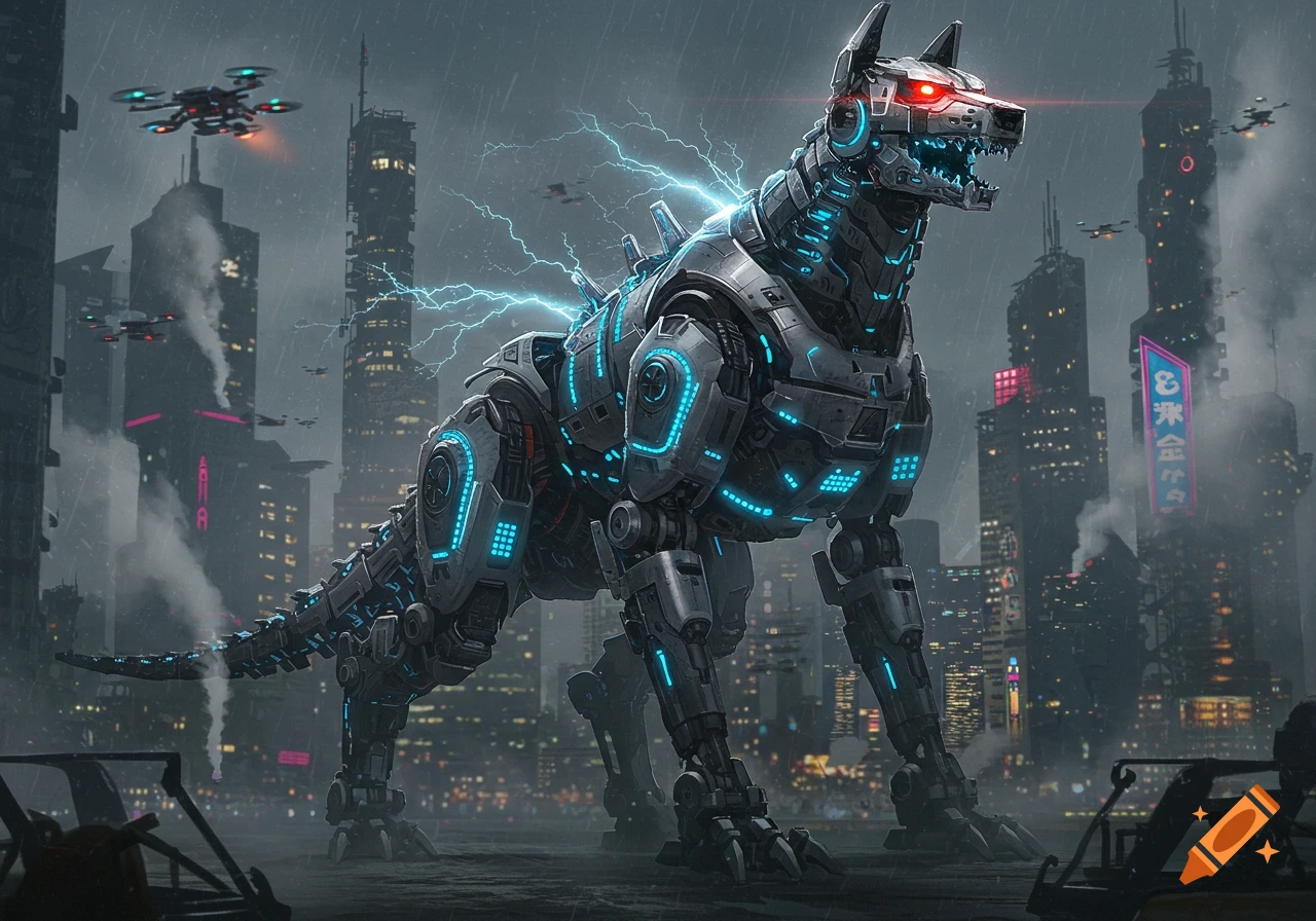 A large, grey and blue glowing robotic dog with red eyes stands in a rainy, futuristic cyberpunk city with drones flying overhead.