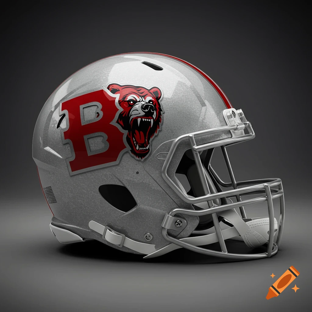 A silver football helmet with a red B and a ferocious bear head logo on the side.