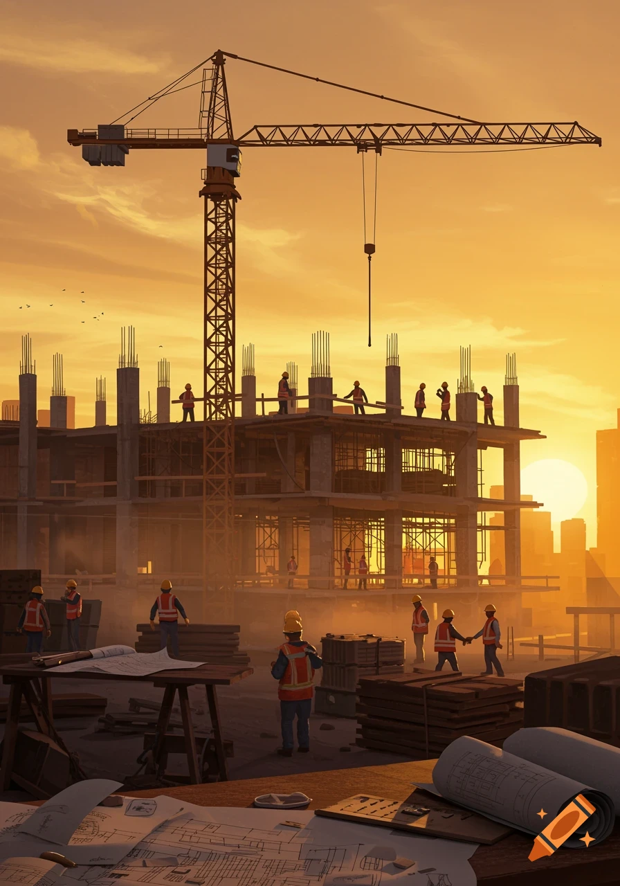 A vibrant construction site at sunset with a crane, workers on an unfinished building, and blueprints in the foreground.